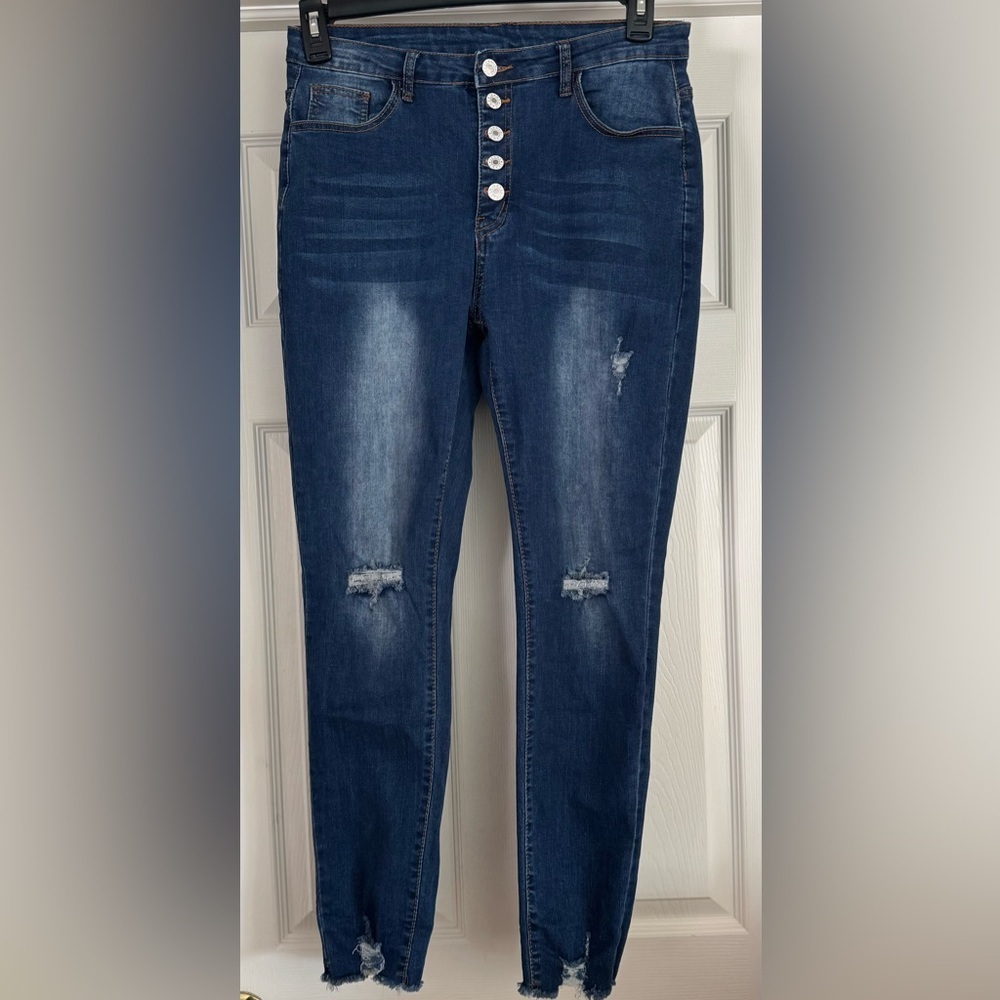 Blue Skinny Jeans with Distressed Details, Size 12